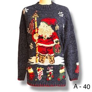 Vtg Tiara International Ugly Christmas Sweater Santa In Snow Sz L Unisex